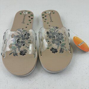 Sole Selection Women's Sandals Beige w/ Black Glittery Flowers Small 5/6  (37)